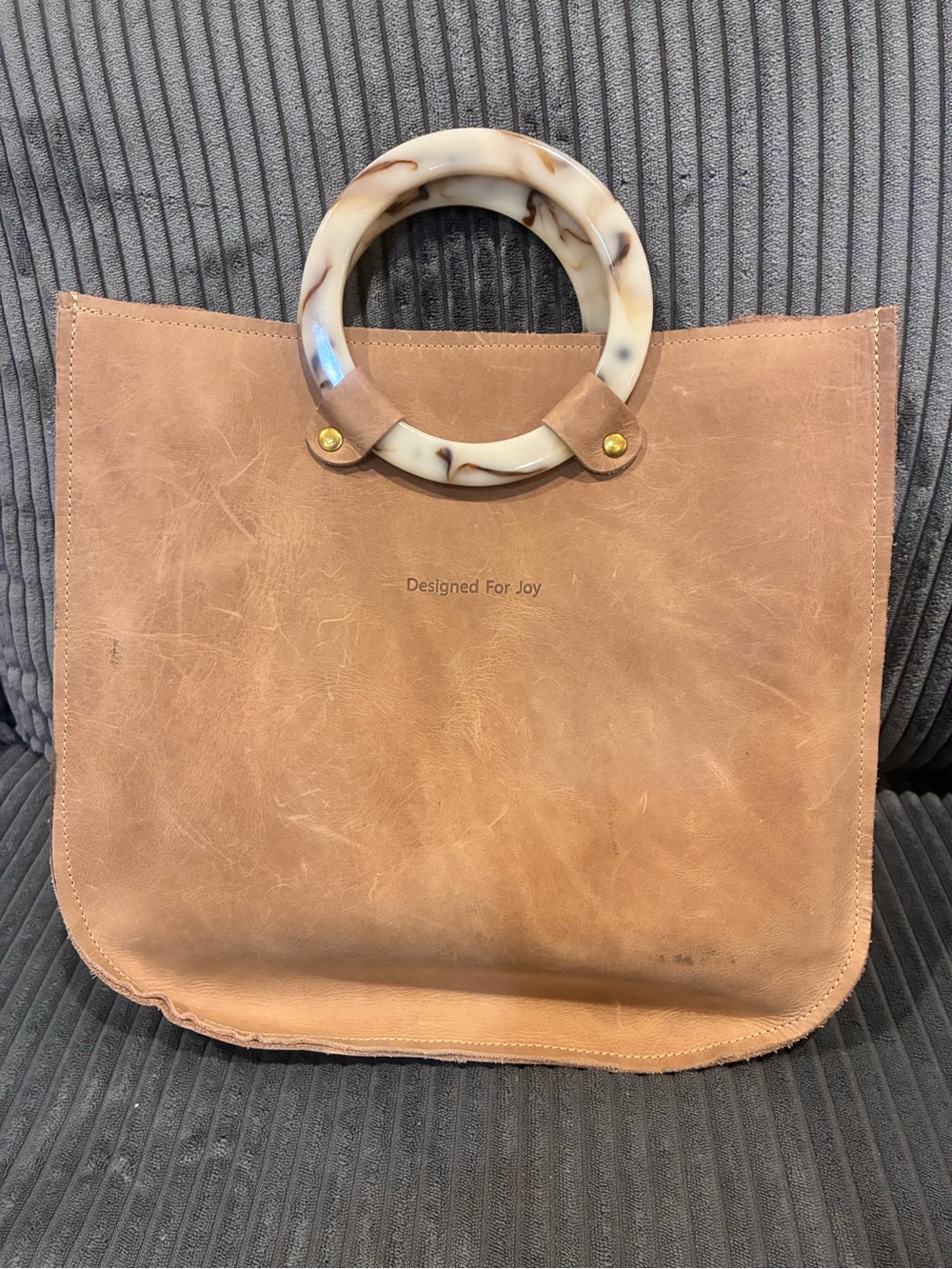 Designed for Joy Tan Leather Tote with Cream Resin Handle